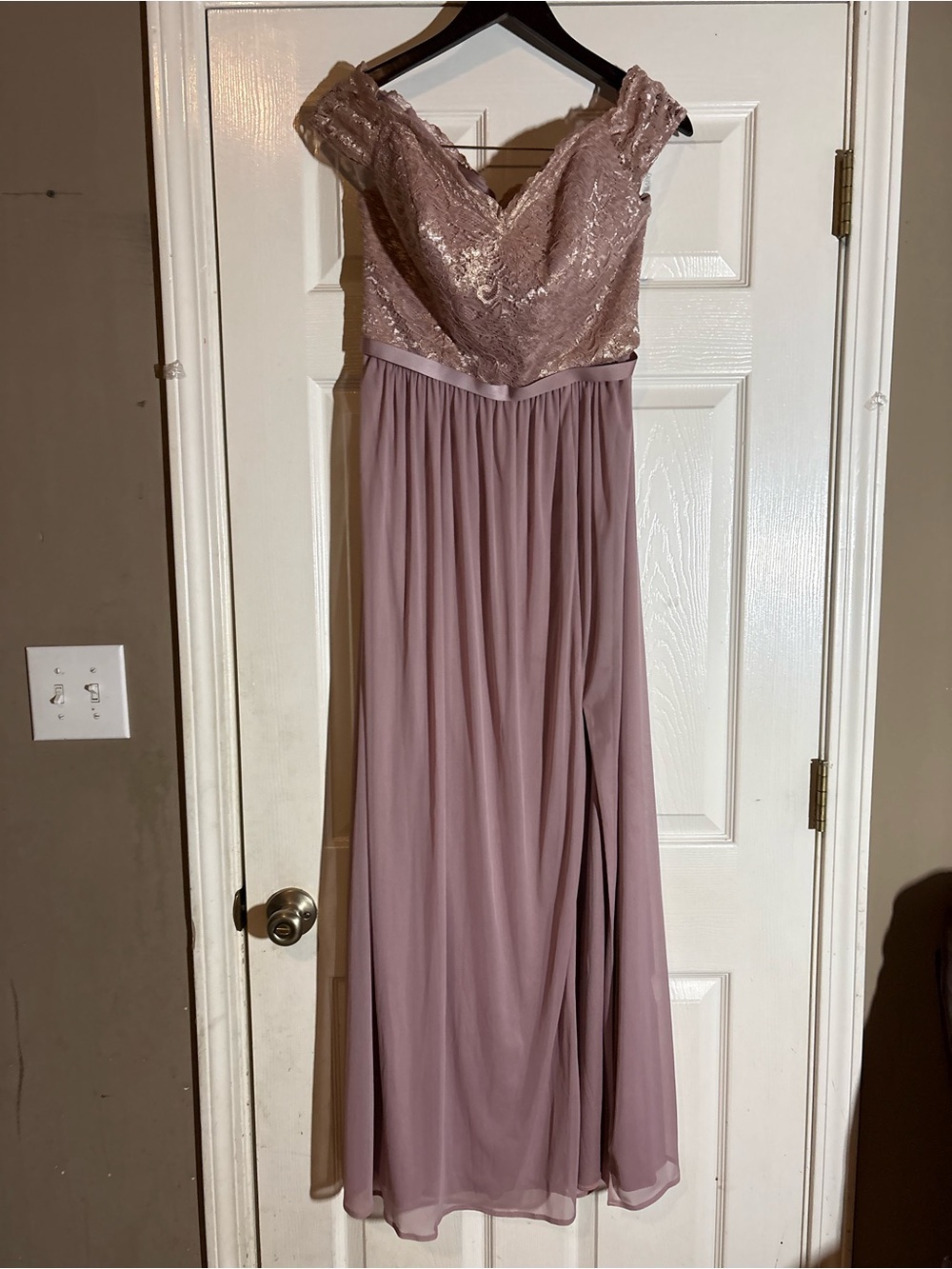 David's Bridal Dusty Rose Lace Bodice Chiffon Maxi